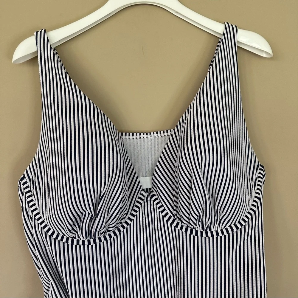 Cacique Swim Suit 42DDD Top sz 24 Bottom Navy White Seersucker Tankini Plunge - Picture 5 of 15